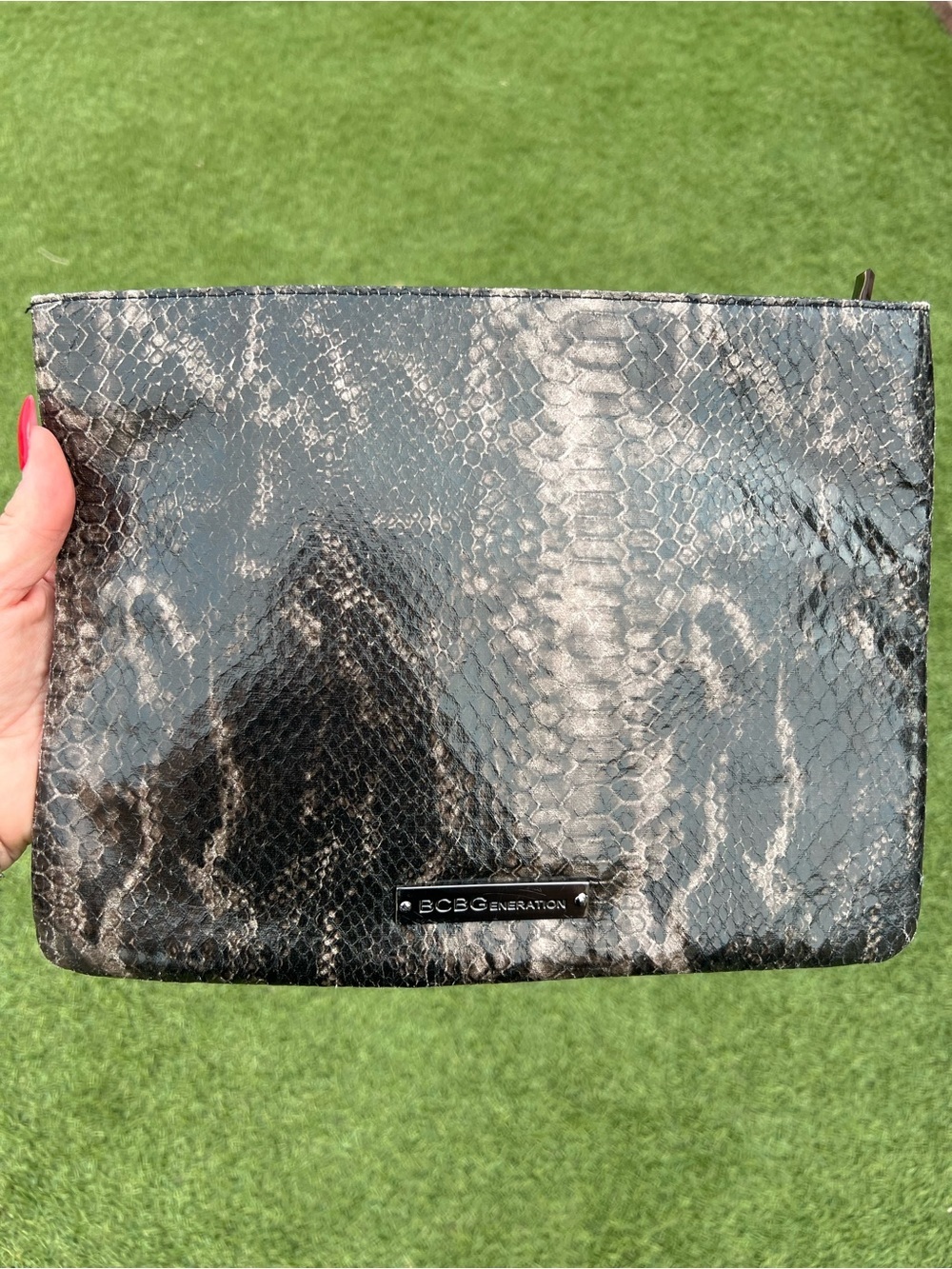 BCBGeneration Black and Gray Faux Snakeskin Clutch